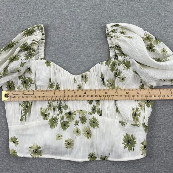 Abercrombie & Fitch Top Womens S Floral Puff Sleeve Crop Green White Crinkle - Picture 6 of 16